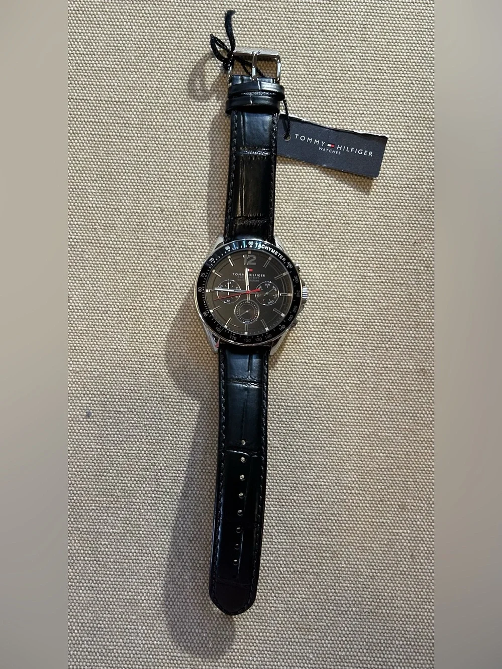 Tommy Hilfiger Watch With 46mm Black Chronograph Face & Black Leather Band